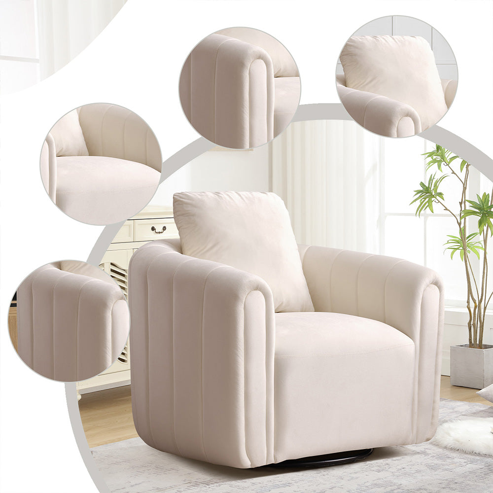 ZY8320S-BE Swivel Accent Chair with Velvet Fabric, Comfy Round Swivel Chair with Plump Pillow