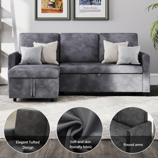 KF017AF 80.5"Pull Out Sofa Bed, Modern Sleeper Sofa, L Shaped Sofa Couch with Storage Chaise, Grey