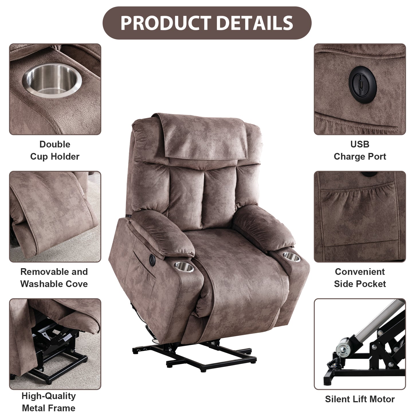 CD0150EF21D-D099M Power Lift Chair Recliner for Elderly, Massage Recliners with Heat,For tall men, Red Brown