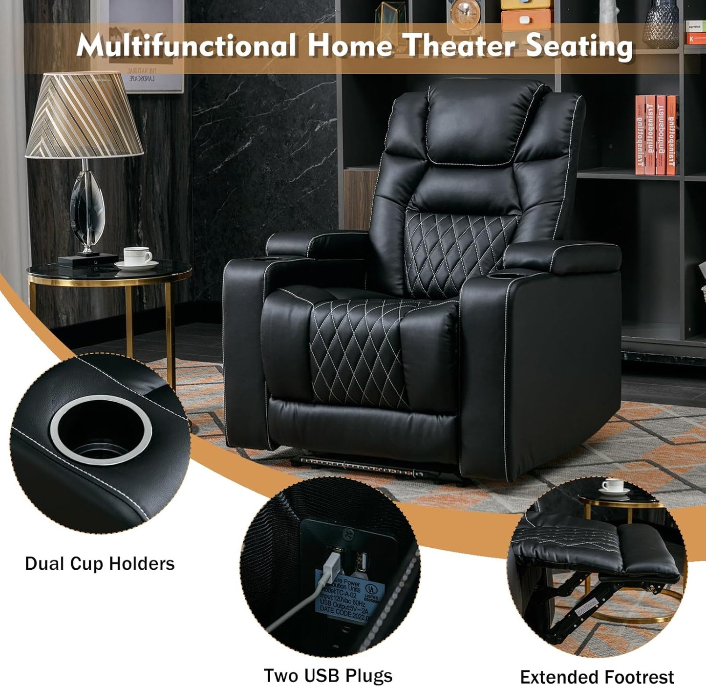 CD0125DF51D-U011  Power Recliner, Home Theater Seat with Led Lights, Living Room Chair, Black