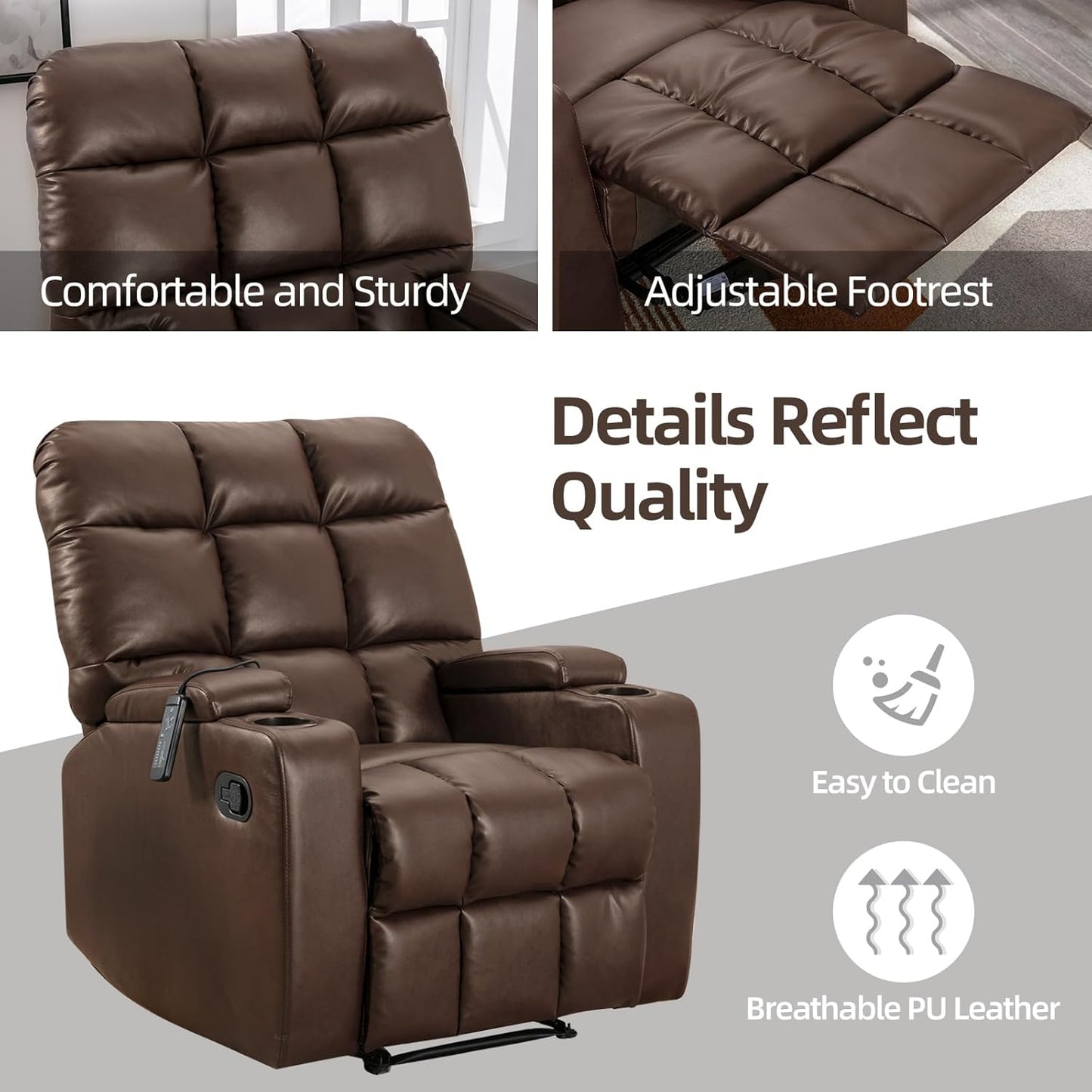 CR9757OF51D-U023  U372 PU Leather Manual Recliner Chair, Massage Reclining Single Sofa Chair with Cup Holders