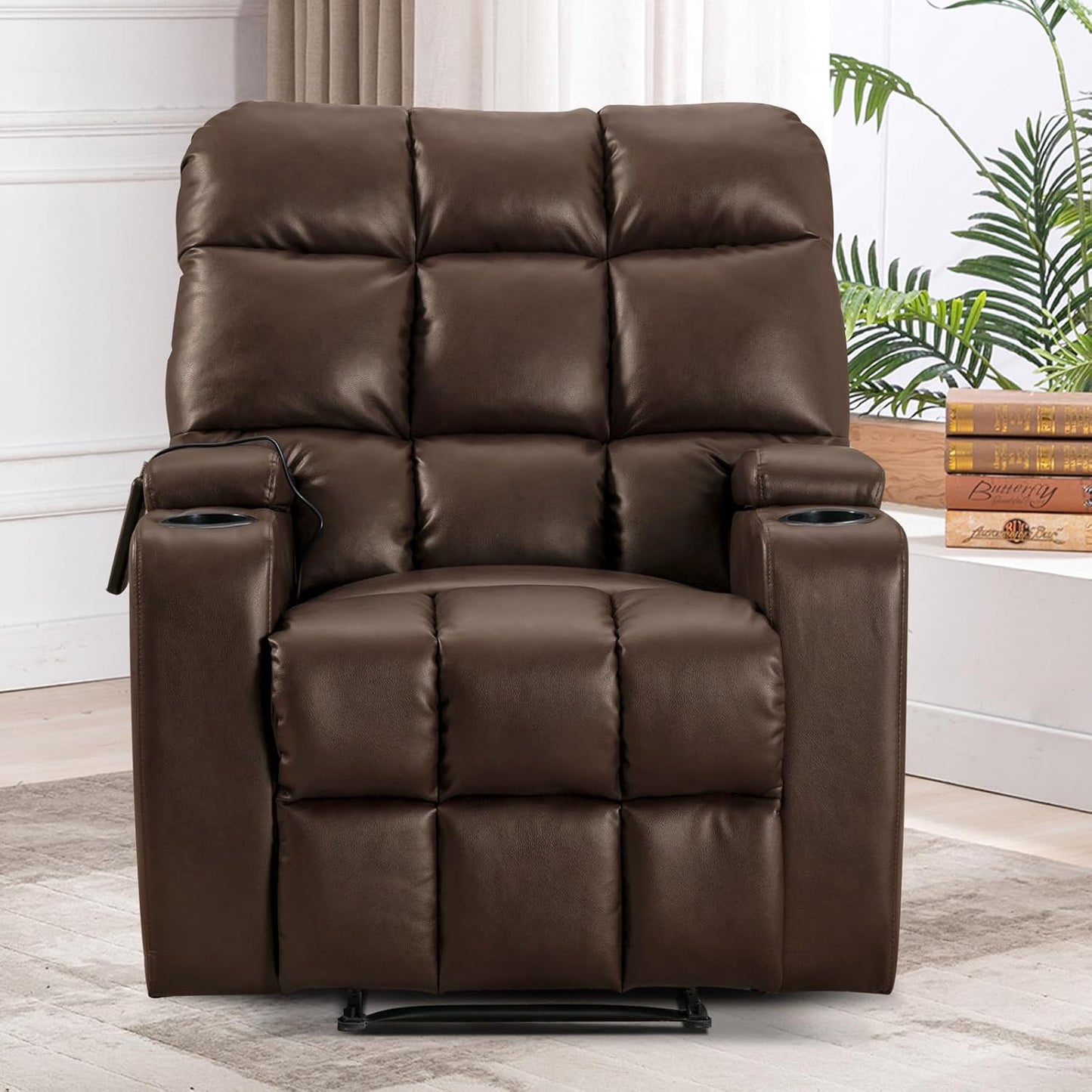 CR9757OF51D-U023  U372 PU Leather Manual Recliner Chair, Massage Reclining Single Sofa Chair with Cup Holders