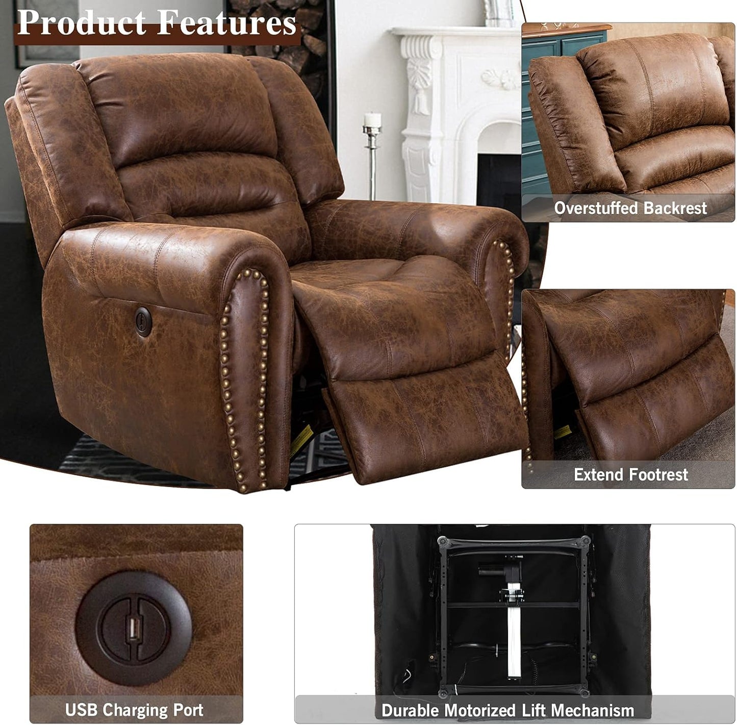 CD9878ZF51D-J146M Power Recliner Chair PU Leather, Classic Single Sofa Home Theater Recliner Seating W/USB Port, Nut Brown