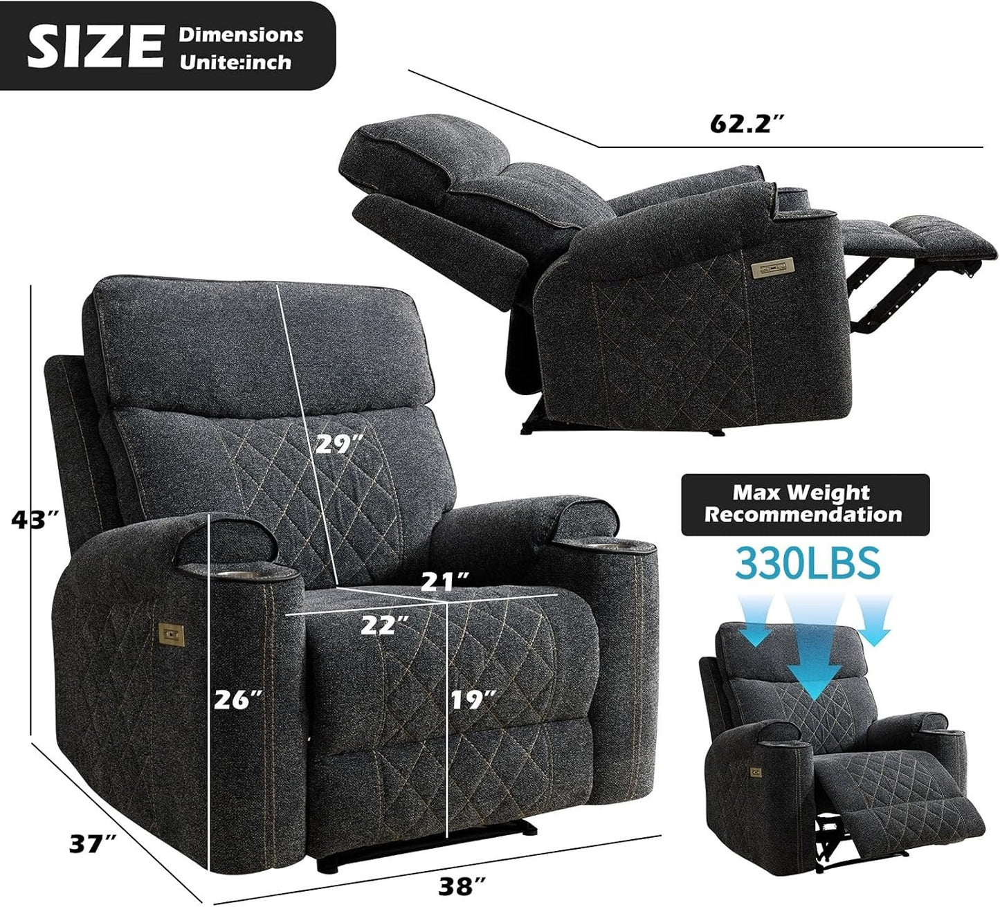 CD045AF51D-C773 Classic Power Recliner Chair, Overstuffed Electric Recliners with Double Layer Backrest and Cup Holders