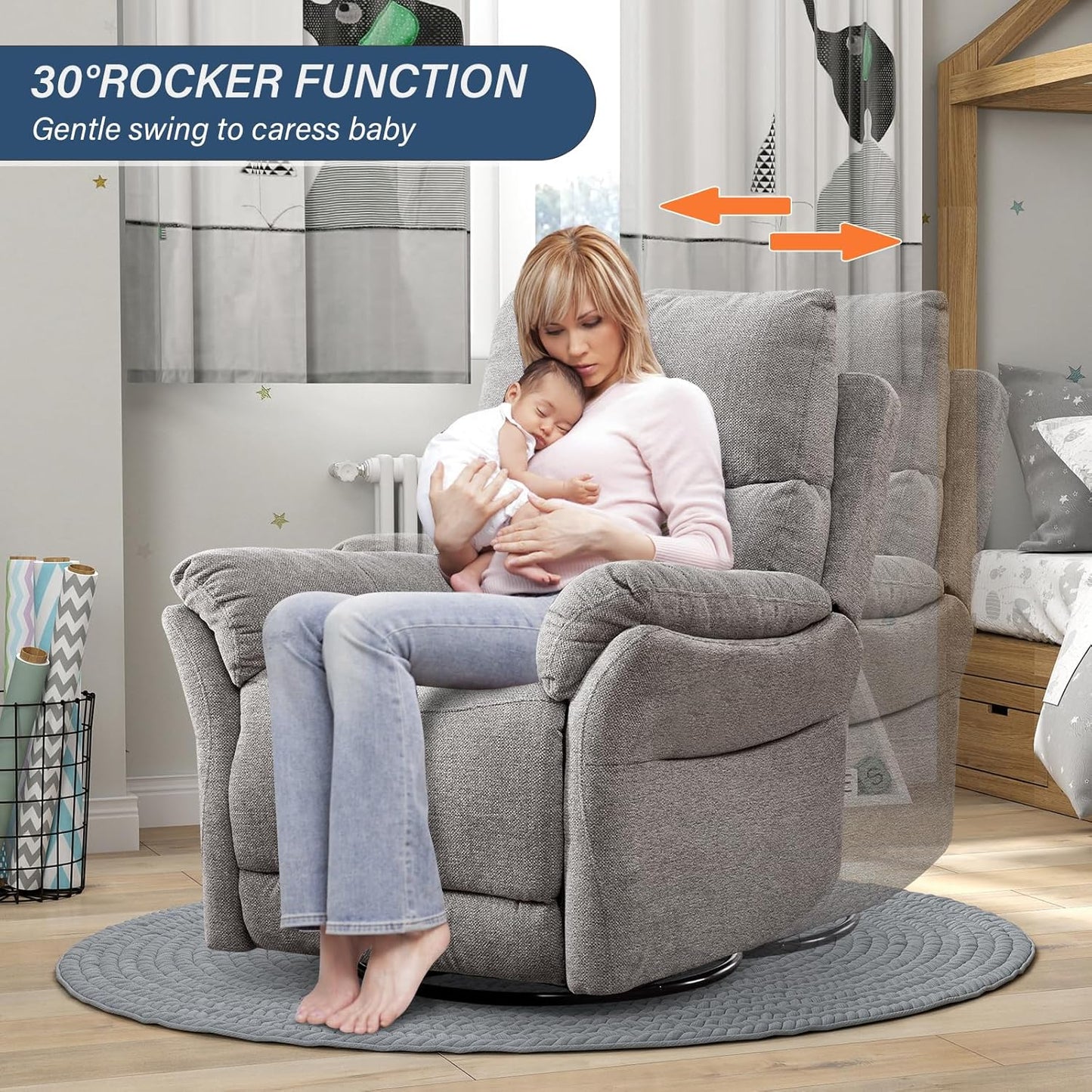 CR6488HF71D-C773 Swivel Rocker Recliner Chair, Manual Fabric Glider Nursery Recliner Chair